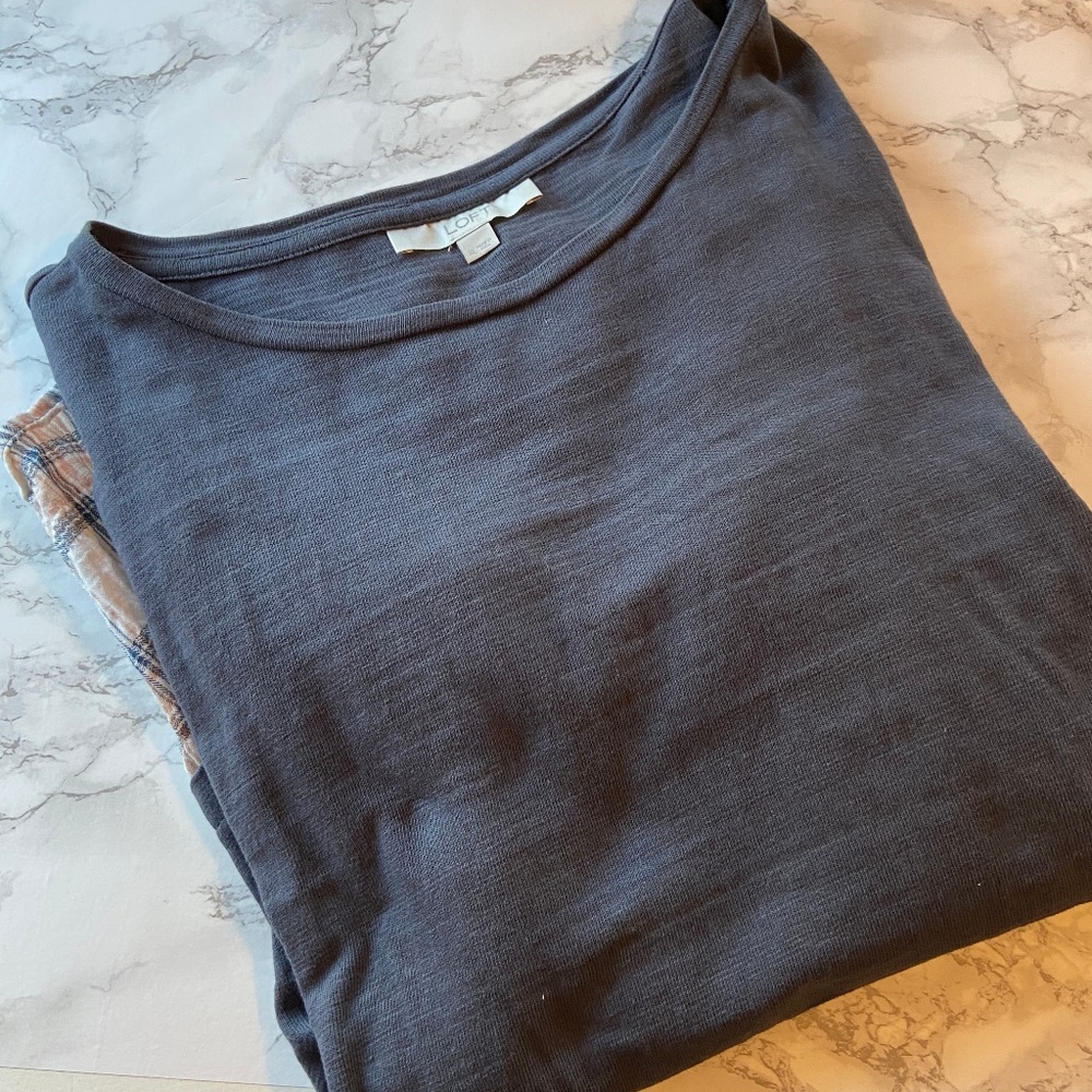 Loft Grey Ivory Plaid Peplum Top